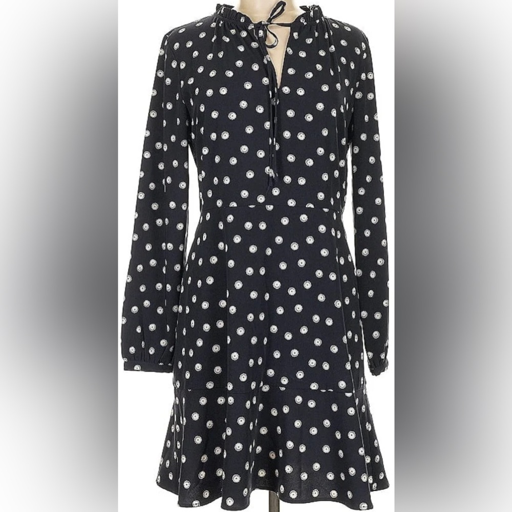 LOFT LONG SLEEVE TIE NECK NAVY WHITE AND GREY FLORAL DRESS SIZE 0